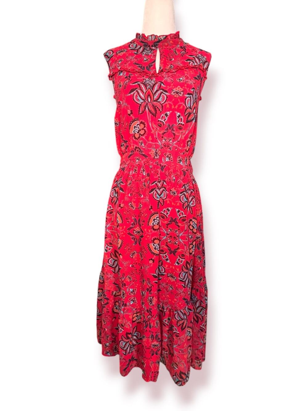 ModCloth Red Floral Midi Dress Sleeveless Ruffle Mock Neck Boho Cottage Romantic